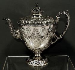 English Sterling Silver Tea Set 1866 HAND DECORATED 53 OZ