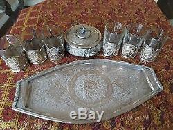 Fabulous Antique Persian Solid Silver Tea Set Including Original Glasses