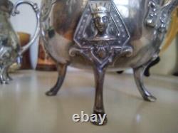 Figural Egyptian Revival Tea Pot Set 3 Pcs, Triple Silver Plate Set by Manhattan