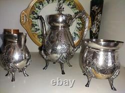 Figural Egyptian Revival Tea Pot Set 3 Pcs, Triple Silver Plate Set by Manhattan