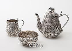 Fine Antique Indian Silver Tea Set with Floral Design & Cobra Handles c1850