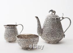Fine Antique Indian Silver Tea Set with Floral Design & Cobra Handles c1850