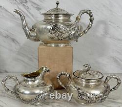 Fine Old Chinese. 900 Export Silver Repousse Tea Set Wang Hing Dragon Bamboo