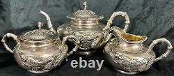 Fine Old Chinese. 900 Export Silver Repousse Tea Set Wang Hing Dragon Bamboo