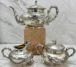 Fine Old Chinese. 900 Export Silver Repousse Tea Set Wang Hing Dragon Bamboo