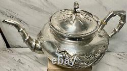 Fine Old Chinese. 900 Export Silver Repousse Tea Set Wang Hing Dragon Bamboo