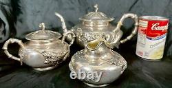 Fine Old Chinese. 900 Export Silver Repousse Tea Set Wang Hing Dragon Bamboo