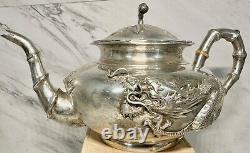 Fine Old Chinese. 900 Export Silver Repousse Tea Set Wang Hing Dragon Bamboo