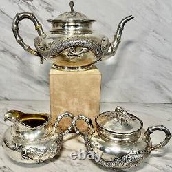 Fine Old Chinese. 900 Export Silver Repousse Tea Set Wang Hing Dragon Bamboo