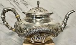 Fine Old Chinese. 900 Export Silver Repousse Tea Set Wang Hing Dragon Bamboo