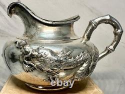 Fine Old Chinese. 900 Export Silver Repousse Tea Set Wang Hing Dragon Bamboo