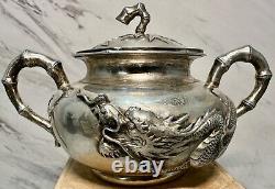 Fine Old Chinese. 900 Export Silver Repousse Tea Set Wang Hing Dragon Bamboo