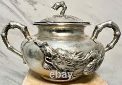 Fine Old Chinese. 900 Export Silver Repousse Tea Set Wang Hing Dragon Bamboo