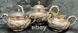 Fine Old Chinese. 900 Export Silver Repousse Tea Set Wang Hing Dragon Bamboo