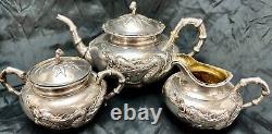 Fine Old Chinese. 900 Export Silver Repousse Tea Set Wang Hing Dragon Bamboo