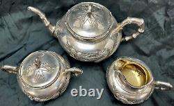 Fine Old Chinese. 900 Export Silver Repousse Tea Set Wang Hing Dragon Bamboo