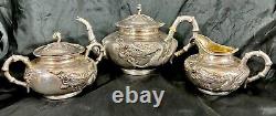 Fine Old Chinese. 900 Export Silver Repousse Tea Set Wang Hing Dragon Bamboo