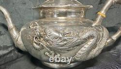 Fine Old Chinese. 900 Export Silver Repousse Tea Set Wang Hing Dragon Bamboo