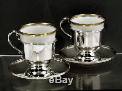 Fisher Sterling Tea Set 2 Cups & Saucers & Liners CARTIER POUCHES