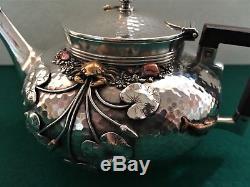 GORHAM Japanese Aesthetic Sterling Tea Set Hammered, Applied Insects & Fish