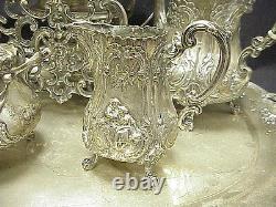 German Repousse 5pc 800 Silver Tea Set & Sterling Silver Tray