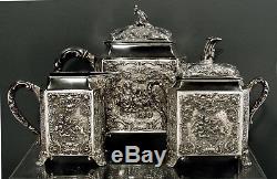 German Silver Tea Set c1895 SIGNED BACCHUS SCENES 58 OZ