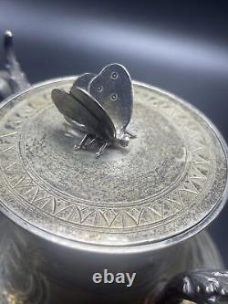 Gorham Antique Coin Silver Aesthetic Movement Butterfly & Bird 3 Piece Tea Set