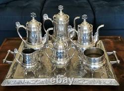 HARTFORD Quadruple Silver 6 pc TEA SET + TAUNTON Tray Victorian c. 1880's
