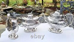 HISTORIC c1848 J. C. MOORE PRE-TIFFANY COIN SILVER FIGURAL WHIPPET TOPPED TEA SET