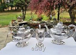 HISTORIC c1848 J. C. MOORE PRE-TIFFANY COIN SILVER FIGURAL WHIPPET TOPPED TEA SET