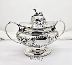 HISTORIC c1848 J. C. MOORE PRE-TIFFANY COIN SILVER FIGURAL WHIPPET TOPPED TEA SET