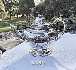 HISTORIC c1848 J. C. MOORE PRE-TIFFANY COIN SILVER FIGURAL WHIPPET TOPPED TEA SET