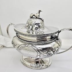 HISTORIC c1848 J. C. MOORE PRE-TIFFANY COIN SILVER FIGURAL WHIPPET TOPPED TEA SET