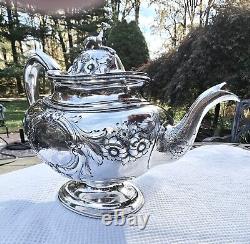 HISTORIC c1848 J. C. MOORE PRE-TIFFANY COIN SILVER FIGURAL WHIPPET TOPPED TEA SET