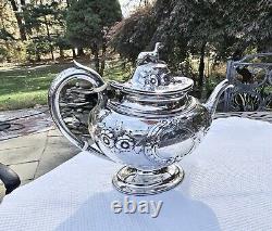 HISTORIC c1848 J. C. MOORE PRE-TIFFANY COIN SILVER FIGURAL WHIPPET TOPPED TEA SET