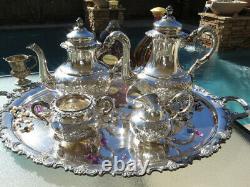 HUGE 5pc OLD TEA COFFEE SET TRAY GERMAN REPOUSSE STERLING SILVER HEAVY HANDMADE