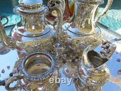 HUGE 5pc OLD TEA COFFEE SET TRAY GERMAN REPOUSSE STERLING SILVER HEAVY HANDMADE