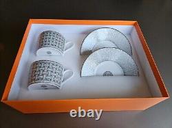 Hermes Art Deco Silver / Gray Mosaic Tea Set 2 x Cups+Saucers, Boxing, Complete