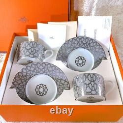 Hermes Paris Tea Cup & Saucer Fil d'Argent Platinum 2 Sets Porcelain with Case