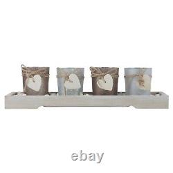 Home Decor 4 Tea Light Holders With Modern Wood Tray Decorative Stones Gift Set