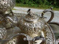 Impressive Kirk Repousse Sterling Silver 7 Piece Tea Set Hand Decorated Floral