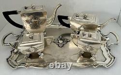 Indian Art Deco Gorgeous Sterling Silver Hand Chased Coffee Tea Set Bombay India