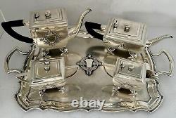 Indian Art Deco Gorgeous Sterling Silver Hand Chased Coffee Tea Set Bombay India