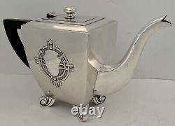 Indian Art Deco Gorgeous Sterling Silver Hand Chased Coffee Tea Set Bombay India