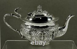 Indian Silver Tea Set c1890 INSECT MEDALLION & COBRA