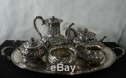 International silver, sterling repousse tea set, 5pc with tray. C. 1880
