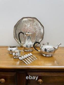 James Dixon & Sons Silver Plated Coffee and Tea Set with Tray & Spoons EPBM