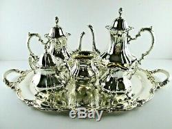 LANCASTER ROSE by Poole Sterling Silver 5 PC Coffee Tea Set + Tray