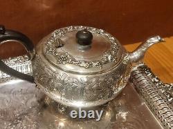 Large ornate English Silver-plated Tea Set On Butler Platter