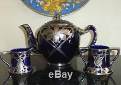 Lenox Antique (1896-1906) Art Nouveau Cobalt Blue Silver Overlay Tea Set